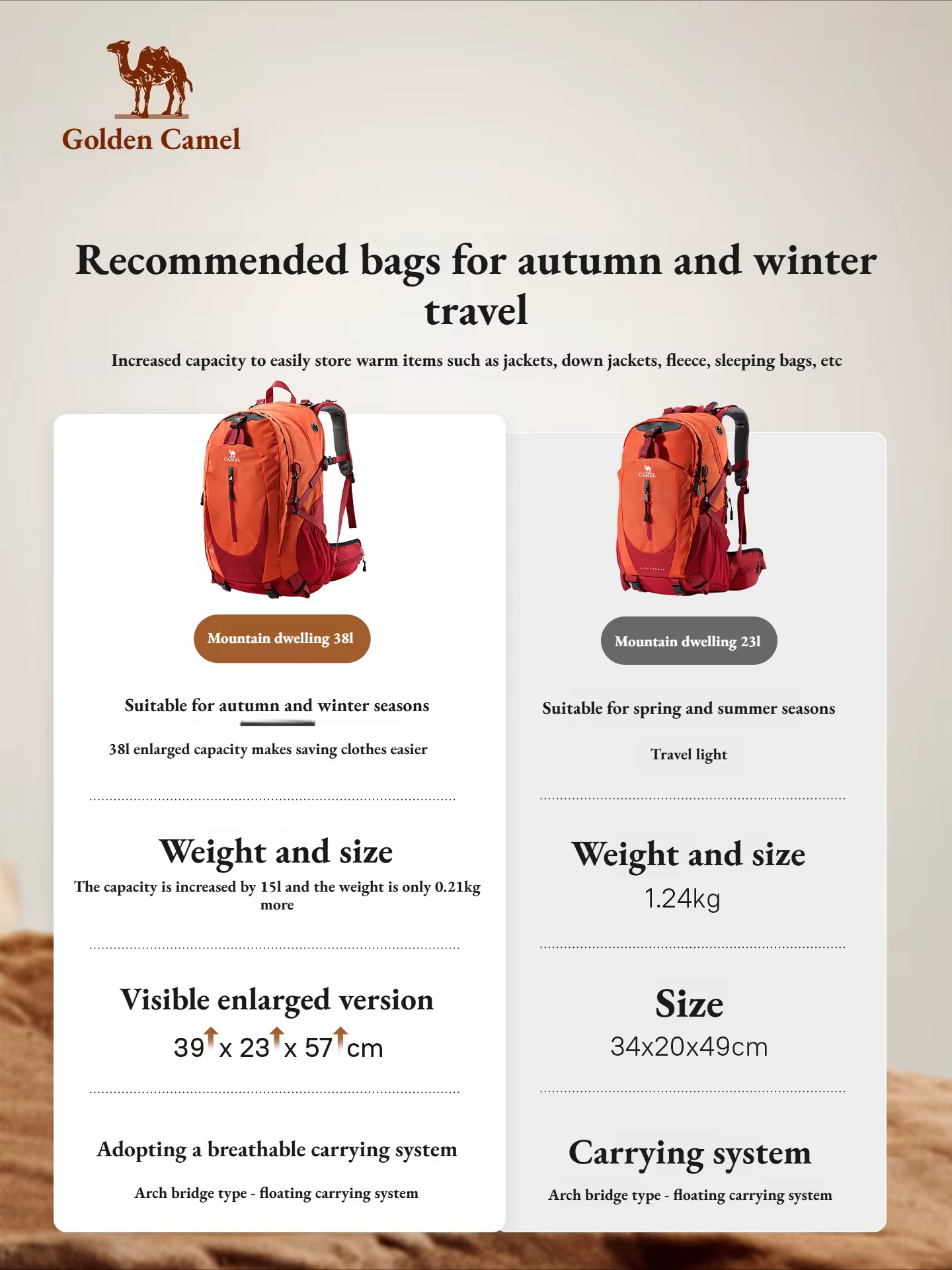 Sac à dos de randonnée imperméable Golden Camel 38L pour hommes et femmes, sac de voyage, de trekkin