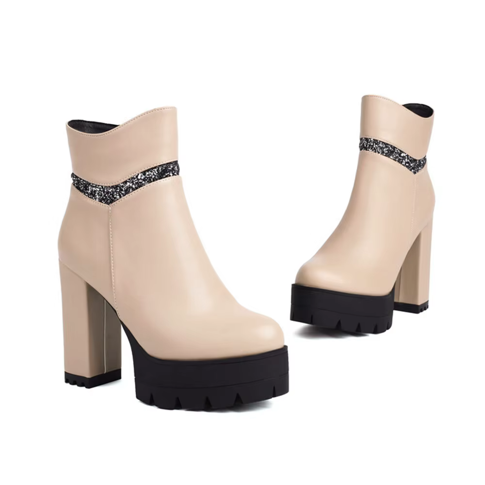 Bottes Rondes en Cuir pour Femme et Fille, Marque de Luxe, Talons Hauts Épais, Fermeture Éclair, Mod