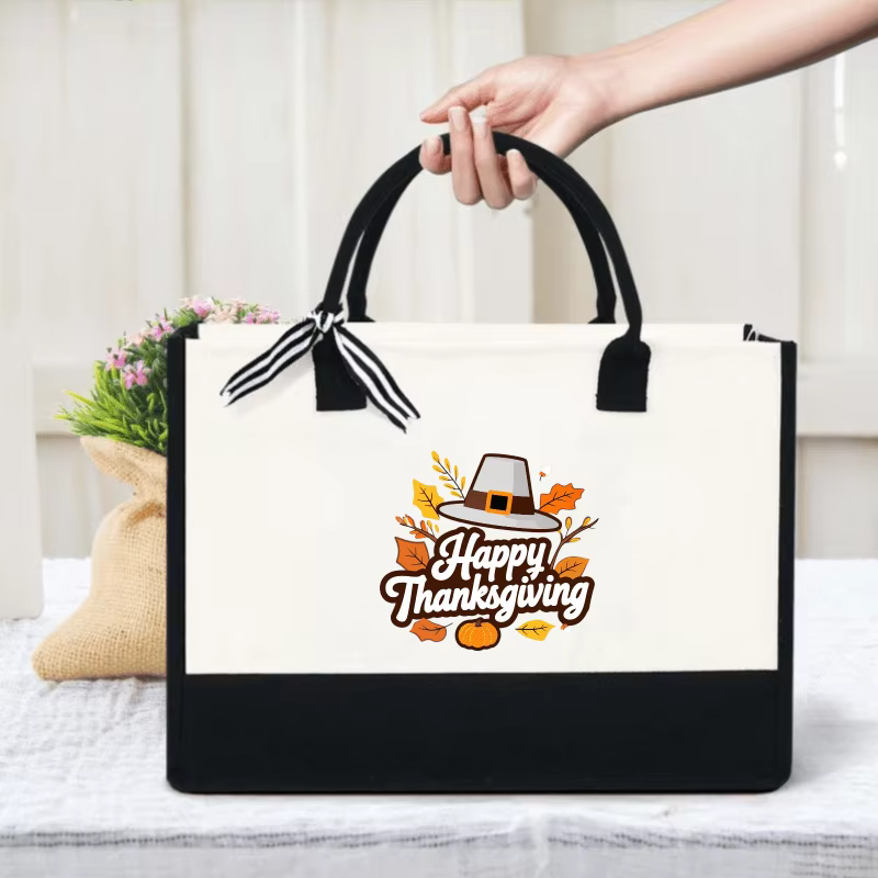 Sac fourre-tout de Thanksgiving, crème et noir, avec chapeau de pèlerin et design feuille d'automne,