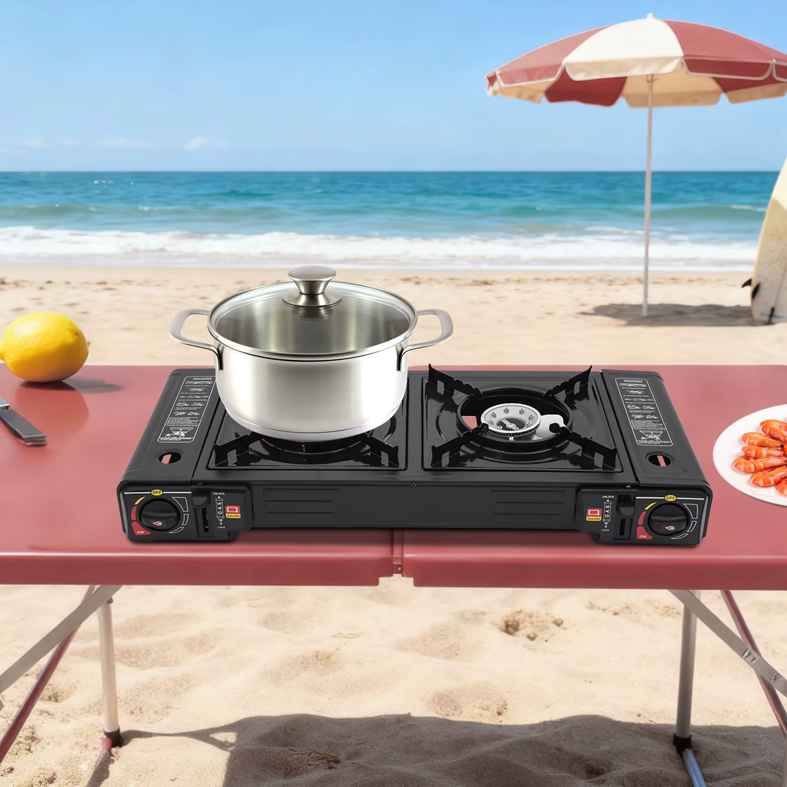 Réchaud de camping portable à 2 brûleurs, réchaud à gaz butane/GPL à allumage automatique de 2,5 kW 