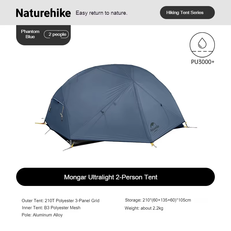 Tente Naturehike Mongar 2 avec tapis, tente de randonnée double coupe-vent, tente de camping ultralé