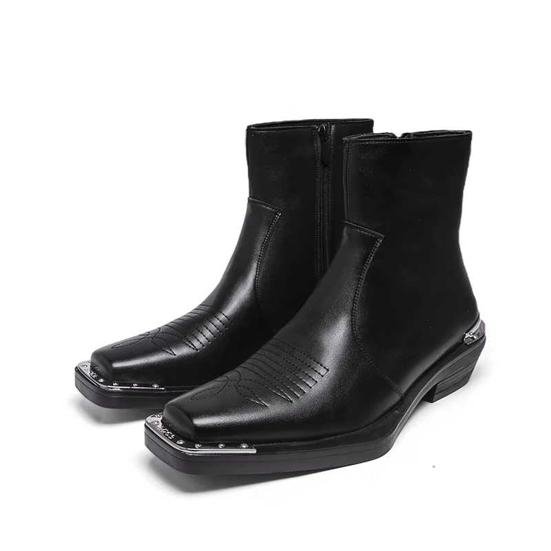 Bottes en cuir à tige haute pour homme, chaussures tendance à bout carré, style décontracté, semelle