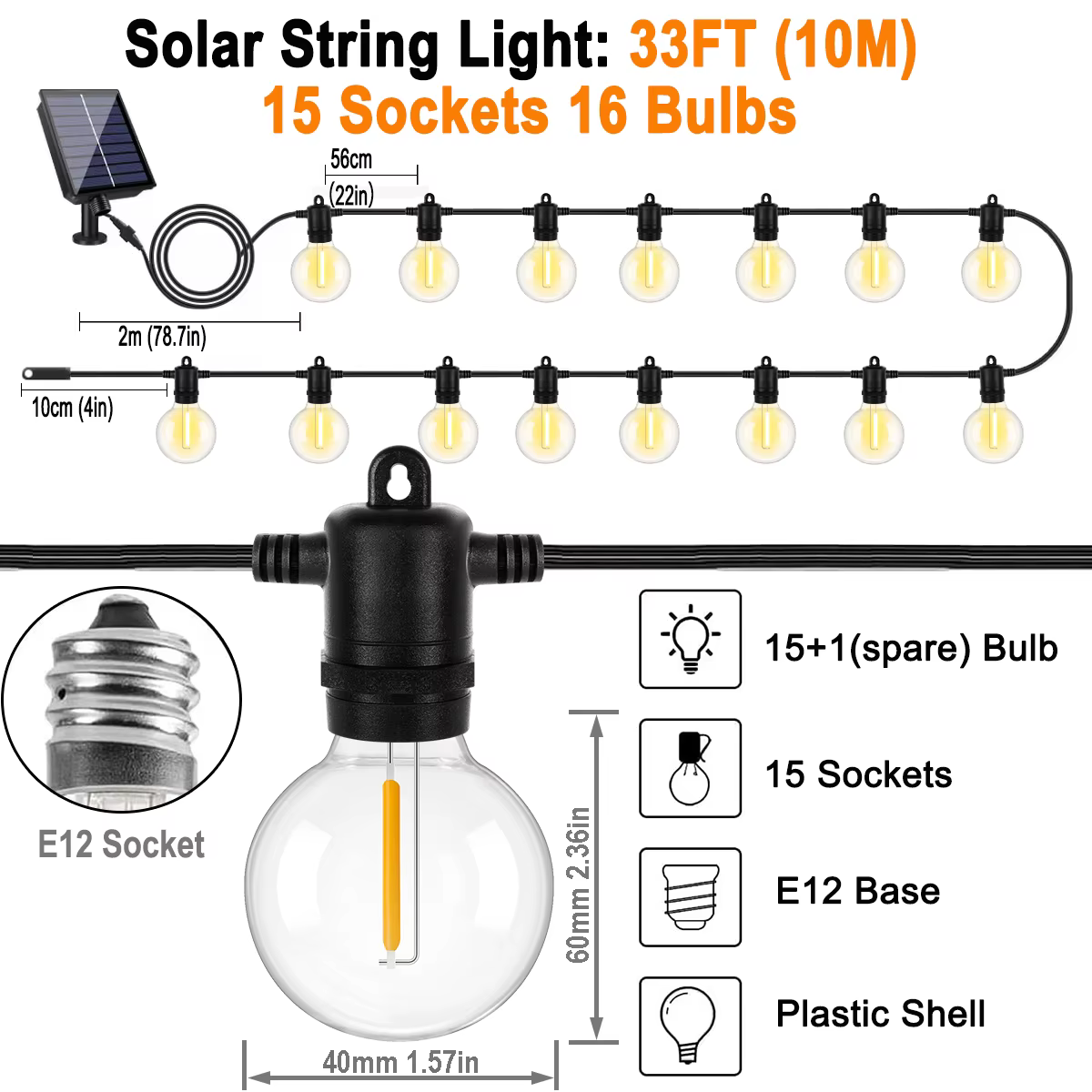 Guirlande solaire incassable pour l'extérieur, prise G40 E12, 1200mAh, étanche, éclairage d'extérieu