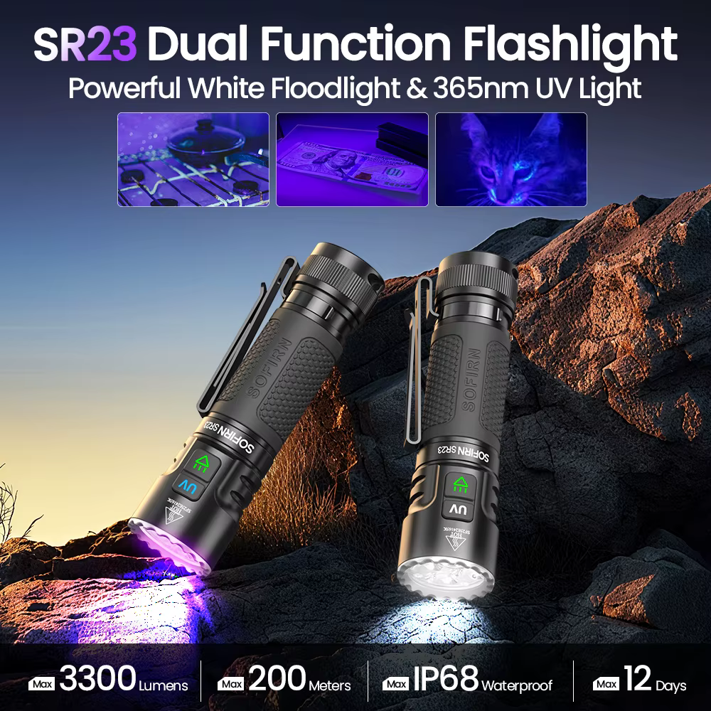 SOFIRN SR23 lampe de poche double lumière 3300lm projecteur blanc et 365nm lumière UV 21700 USB C la