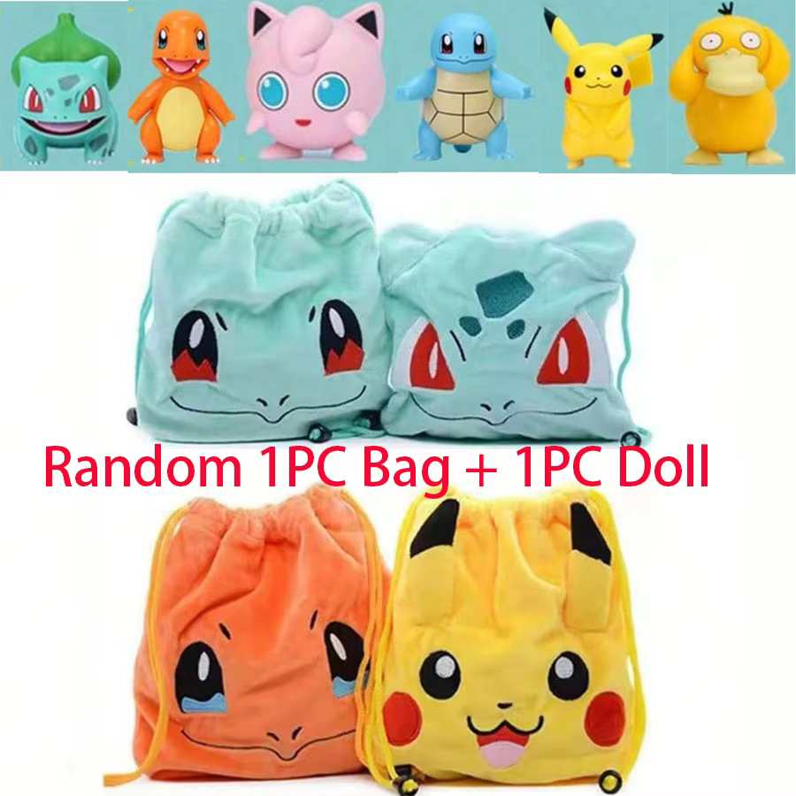 Lot de 2 sacs de rangement Pokémon Pikachu, mignons, 1 sac + 1 poupée