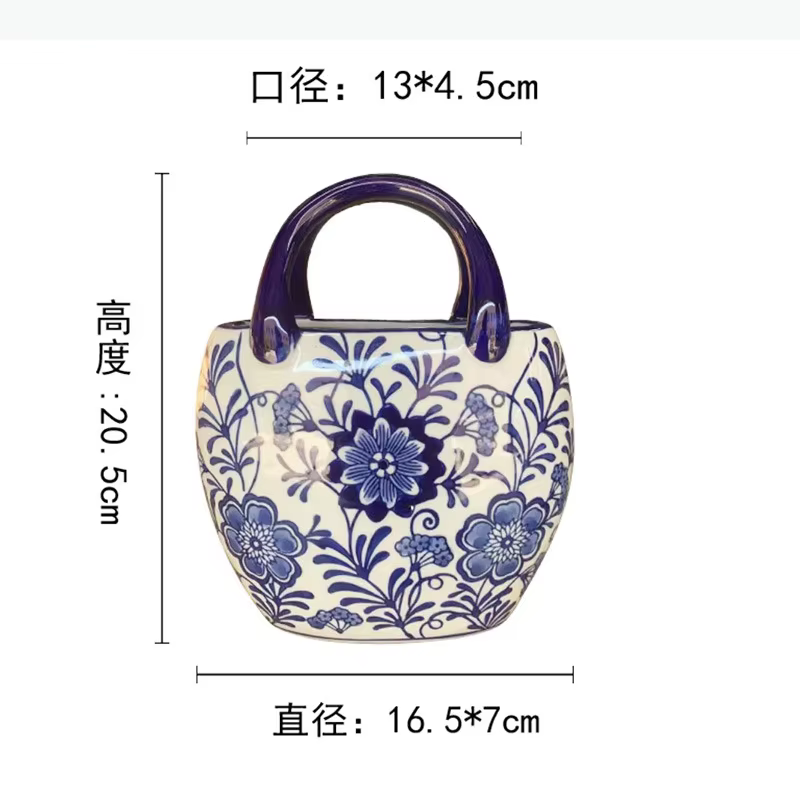 Vase en céramique bleu et blanc, vase hydroponique en forme de sac à main, ornement pour arrangement