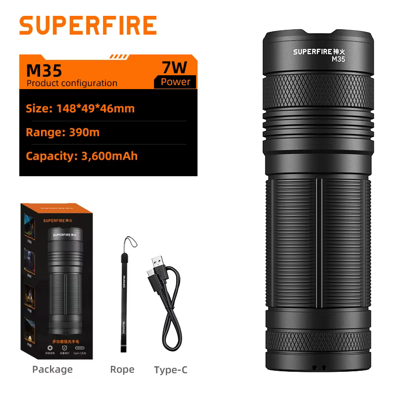 SUPERFIRE M35 7W lampe de poche LED puissante USB-C torche Rechargeable Zoomable lanterne de chasse 