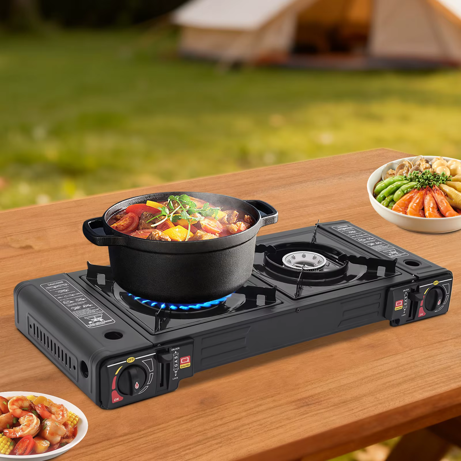 Réchaud de camping portable à 2 brûleurs, réchaud à gaz butane/GPL à allumage automatique de 2,5 kW 