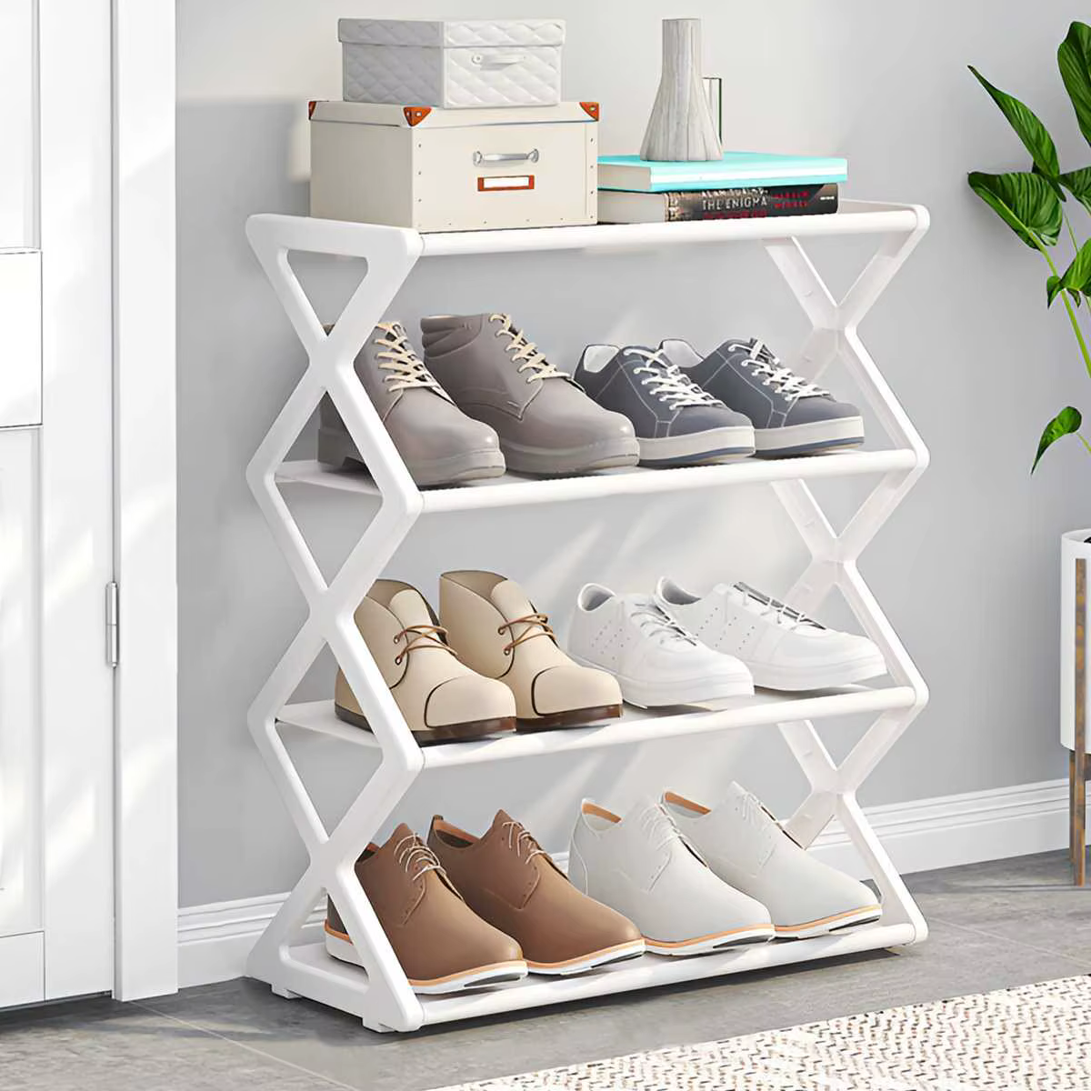 Étagère à chaussures pliable à 4 niveaux, version en boîte, multifonctionnelle, anti-poussière, pour