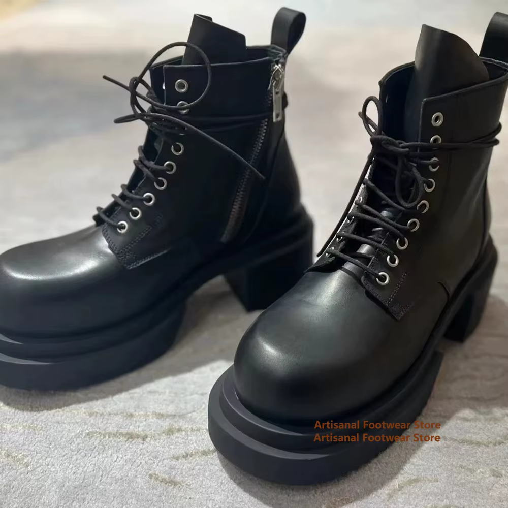 Bottes montantes à semelles épaisses pour hommes, bottines à lacets en cuir véritable, chaussures de