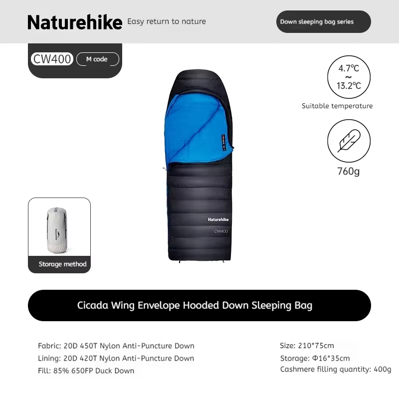 Natureifa-Sac de couchage de randonnée à capuche en duvet de canard, enveloppe ultralégère, imperméa