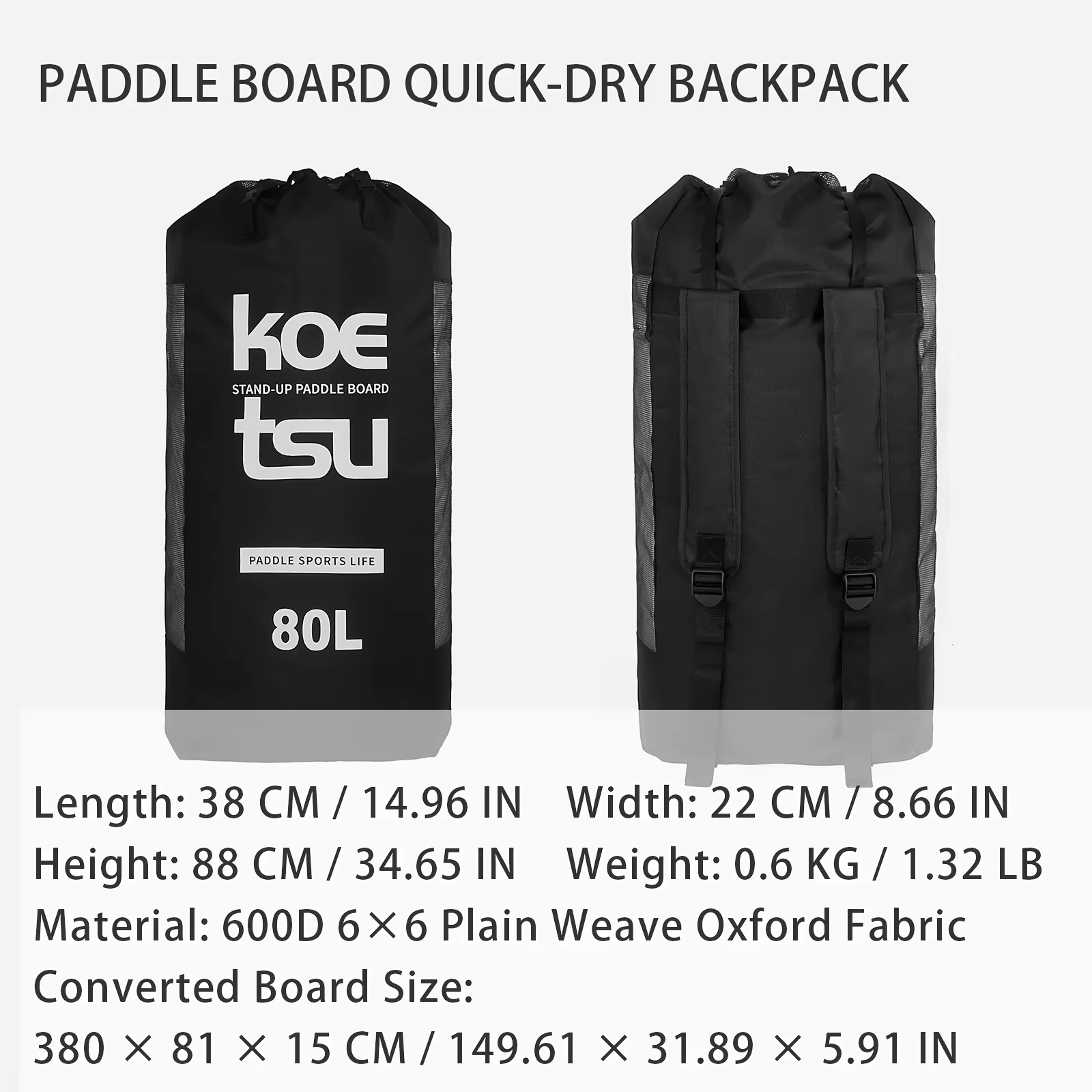 KOETSU SUP Sac à dos à séchage rapide Tissu Oxford renforcé noir pour planches à pagaie jusqu'à 3,8 