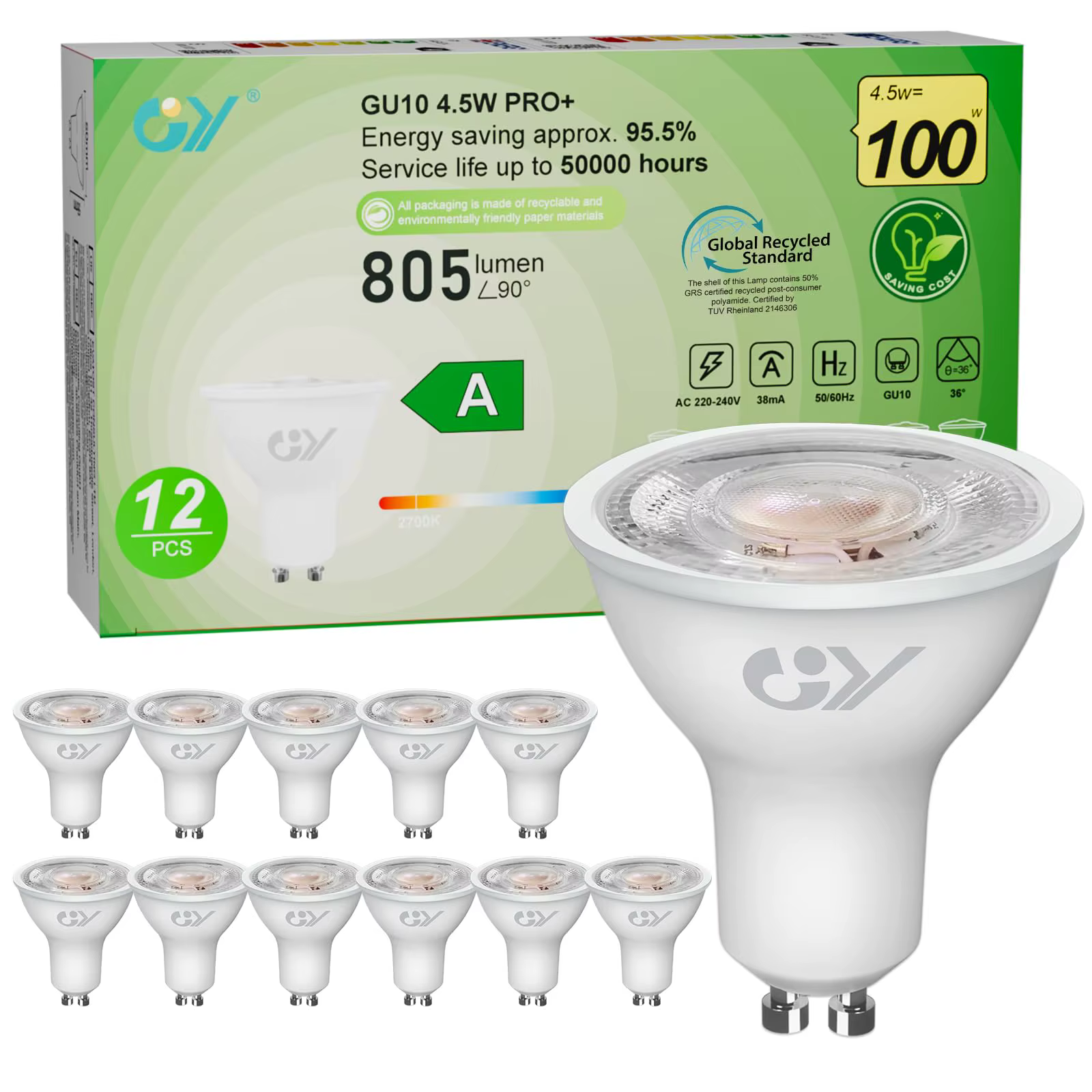 Ampoule LED GY GU10 4,5W 805 Lumens, remplacement pour ampoule halogène 100W, projecteur 36 degrés, 