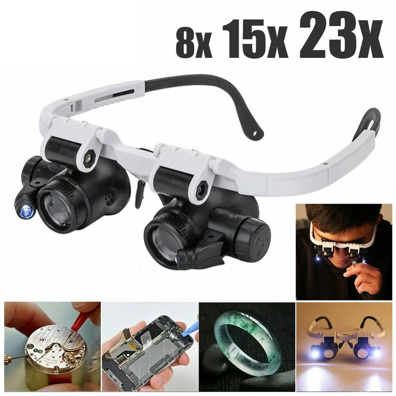 2XLED Montre Bijoutier De Réparation Loupe Tête-Monté Bandeau Réglable Loupe Tête Lunettes Loupe Len