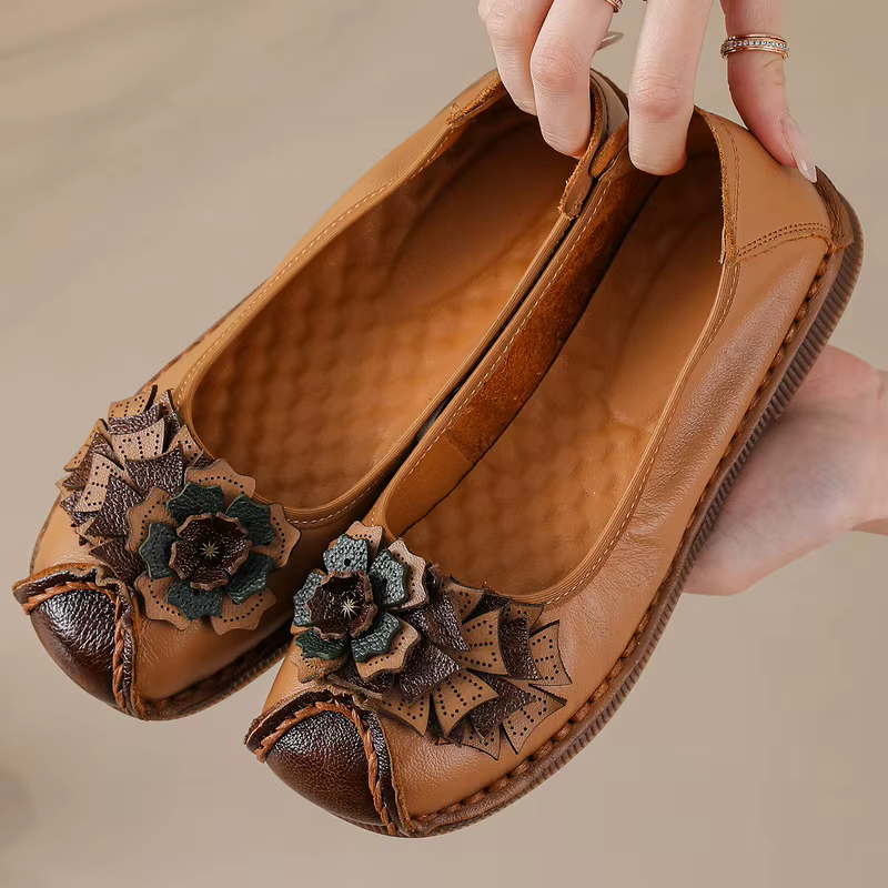 Mocassins Ballerines Vintage Ornés à Motifs Floraux pour Femme, Faits Main en Cuir Véritable, Chauss