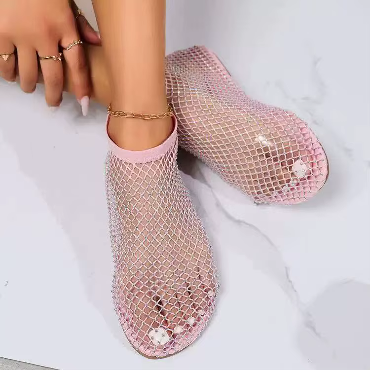 Sandales Astronomiques Plates et Rondes pour Femme, Bottes Courtes Ajourées, Diamant d'Eau, Sexy, Ma
