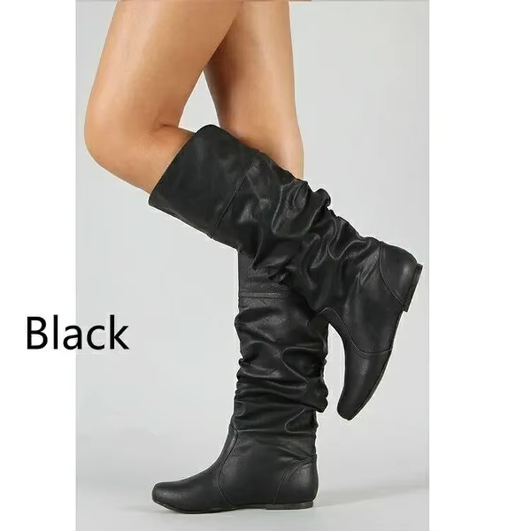 2025 nouvelles femmes bottes plates mode bottes en cuir plissé automne hiver sans lacet mi-mollet ch