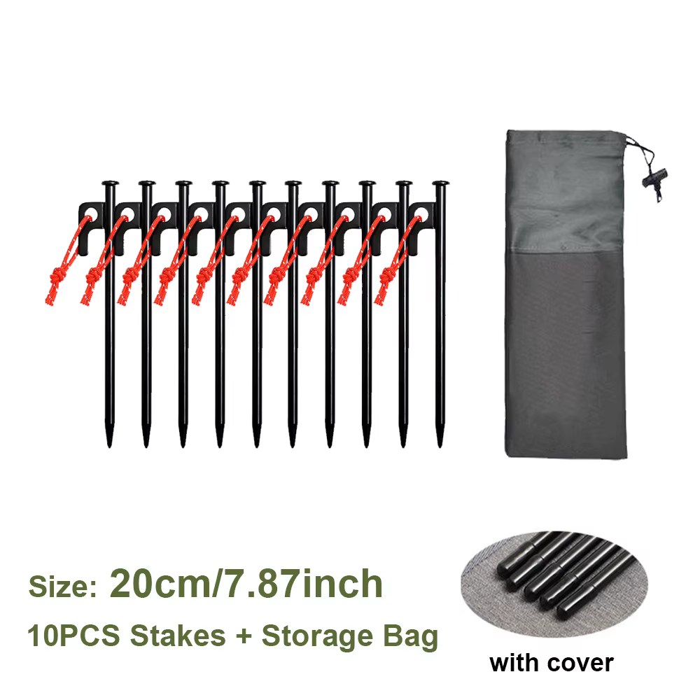 Piquets de tente robustes avec pochette de rangement, 10 pièces, piquets de tente en acier forgé de