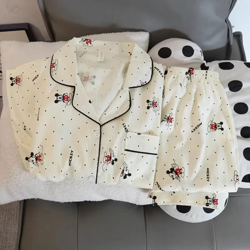 Disney-Pyjama en coton à manches longues pour femme, vêtements de maison doux, dessin animé mignon, 