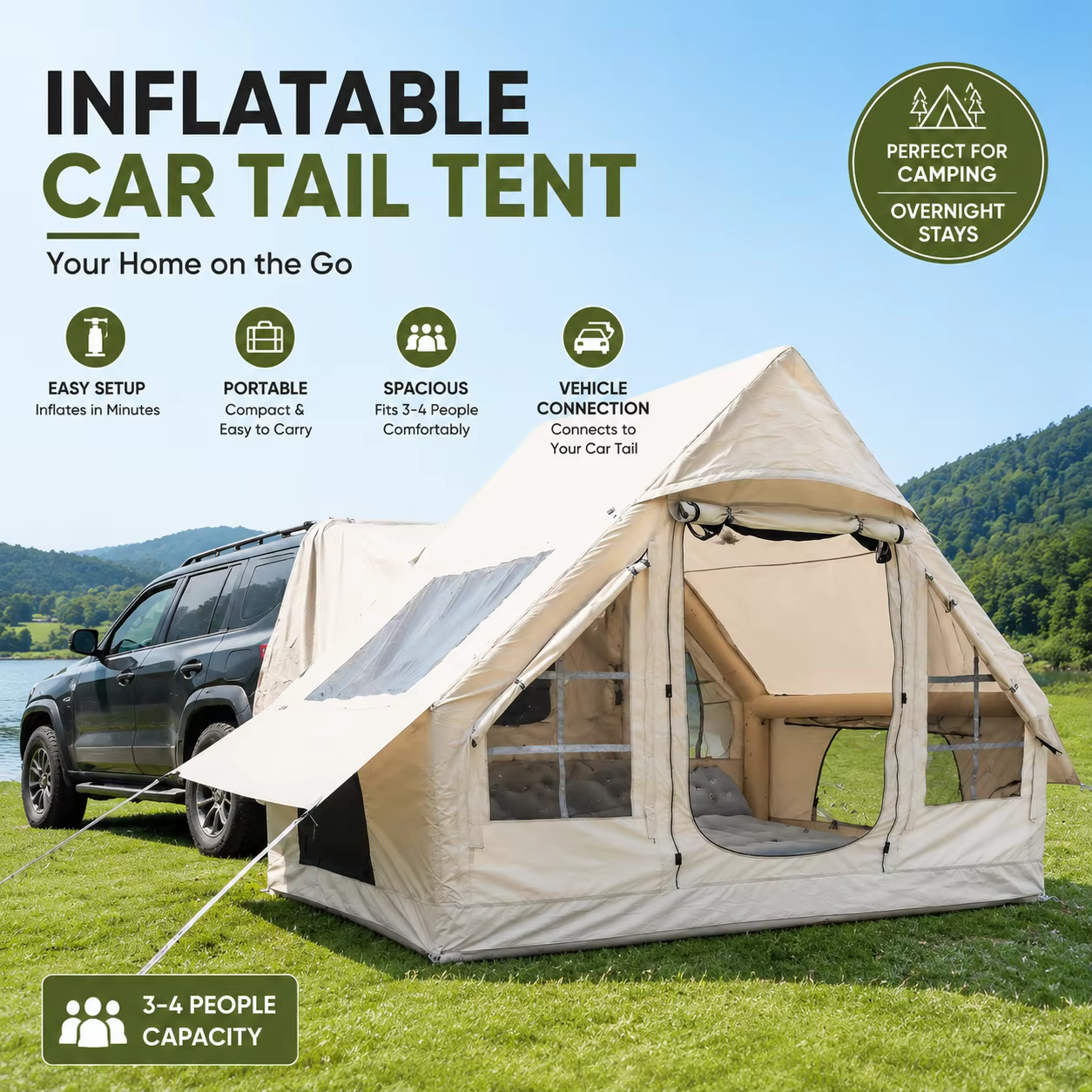 Tente de voiture gonflable avec fenêtre de toit, tente de voiture gonflable, tentes arrière de voitu