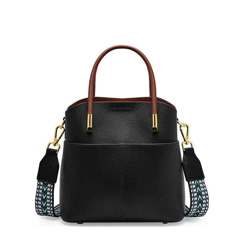 Sac seau en cuir véritable pour femme avec poignée supérieure et bandoulière amovible, sans logo, mi