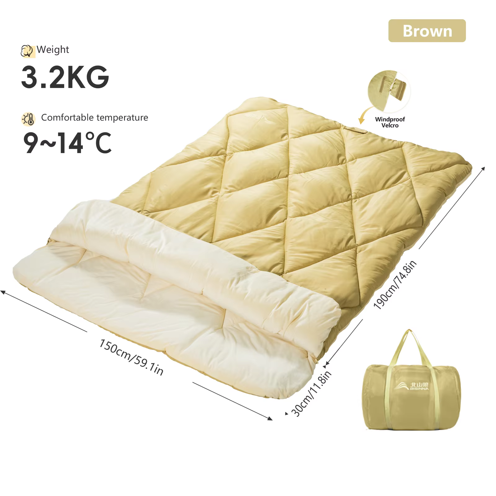 BISINNA Sac de couchage double pour le camping, 4 saisons, portable, 2 en 1, détachable, pour couple