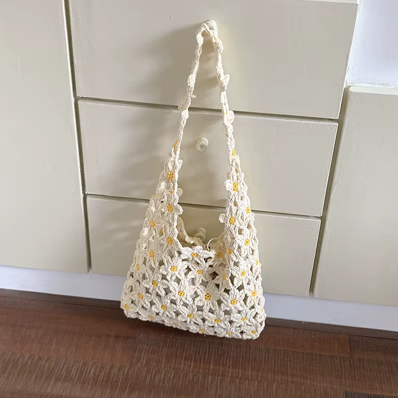 Sac fourre-tout d'été en coton tricoté au crochet fait main, motif floral bohème, sac à bandoulière 