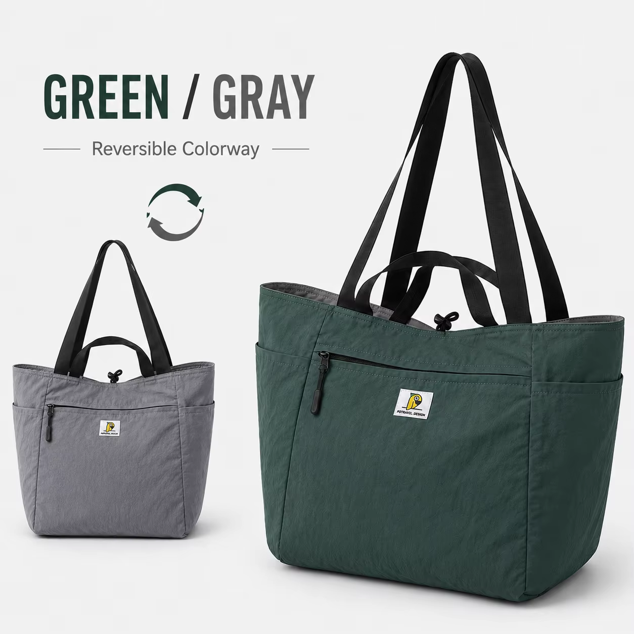 Sac Cabas Femme Réversible en Nylon Lavé Léger Déperlant Grande Capacité Multi-Poches Sac à Épaule d