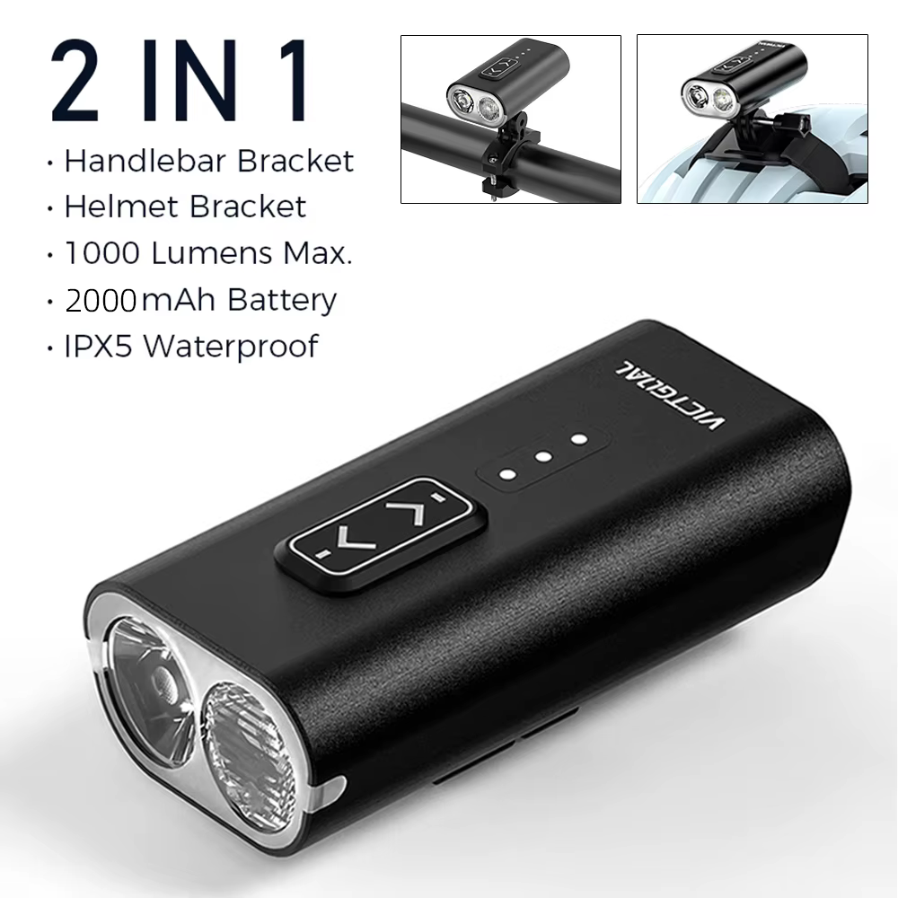 VICTGOAL Feu de vélo 1000 lumens étanche pour casque de vélo, phare de guidon, lampe de poche LED Ty