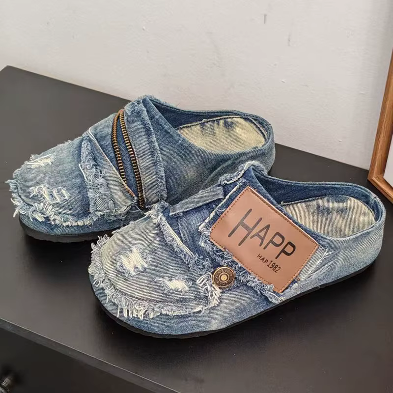 Mules en jean pour hommes, style vintage, patchwork, toile, chaussures décontractées confortables à 