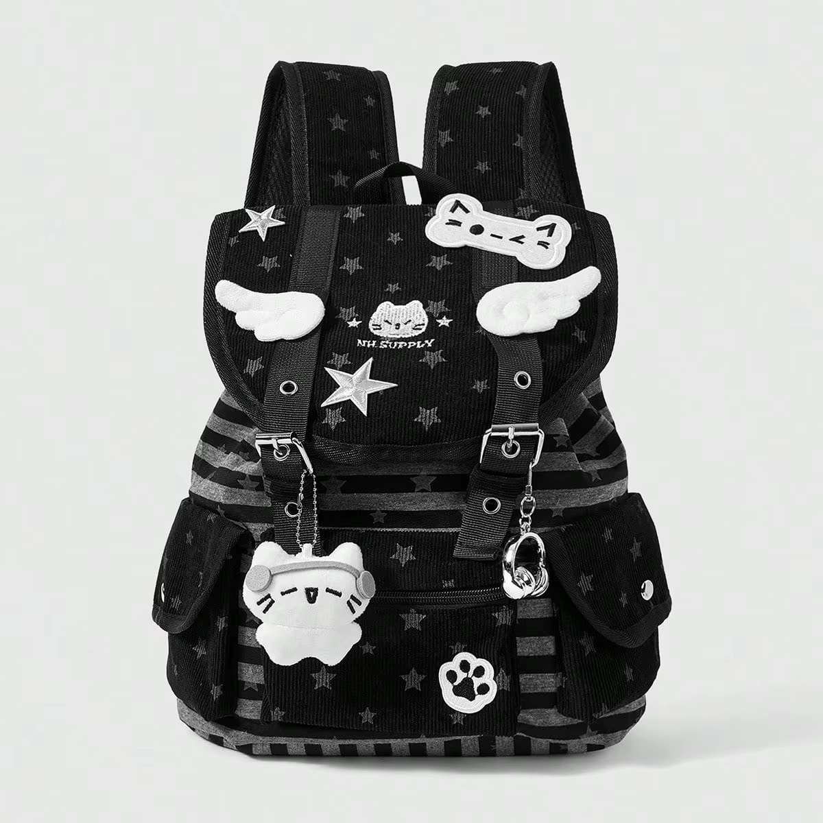 Sac à dos noir Punk Academy, décor de patte d'oiseau avec étoile, design rayé multi-poches, sac déco