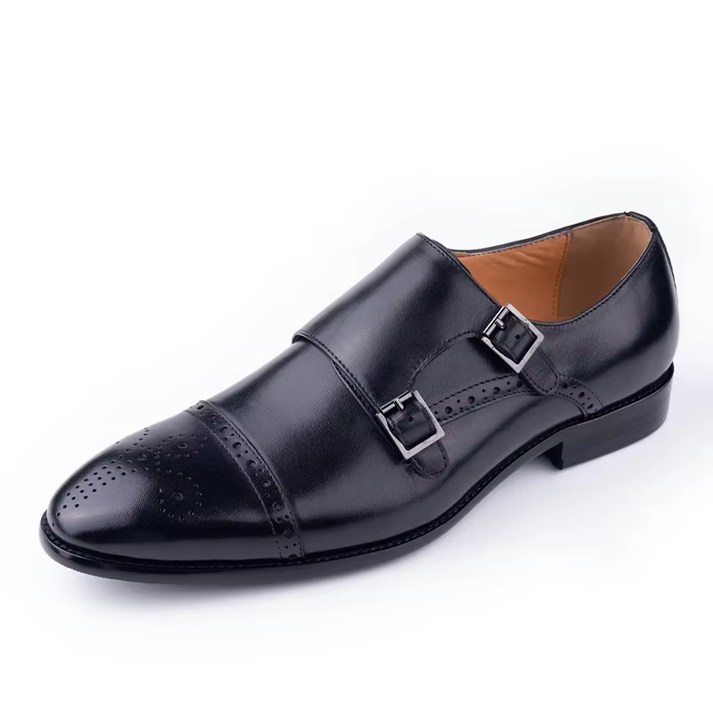 Mocassins à sangle de moine pour hommes, chaussures en cuir Brogue, noir, robe, derby, formel, affai