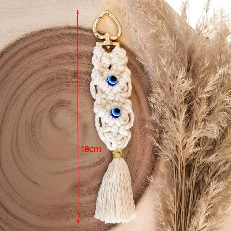 Porte-clés Macramé œil, tressé à la main, style bohème, avec pompon, breloque de sac, style ethnique
