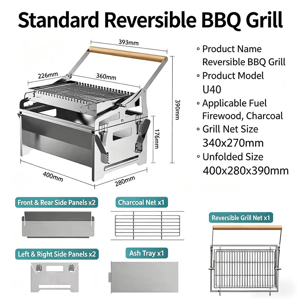 Portable 360 °   Barbecue pliable rotatif au charbon de bois en acier inoxydable avec grille amovibl