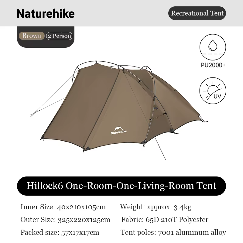 Naturehike Hillock 6 tente de camping pour 2 personnes étanche PU2000mm UPF50 + abri solaire une piè