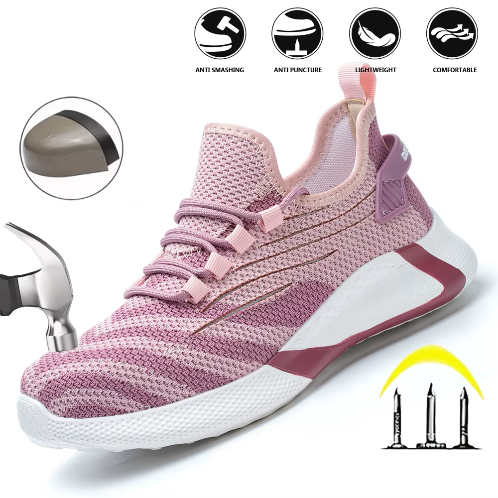 Chaussures de sécurité roses pour femmes, tête en acier, anti-écrasement, légères, douces et respira