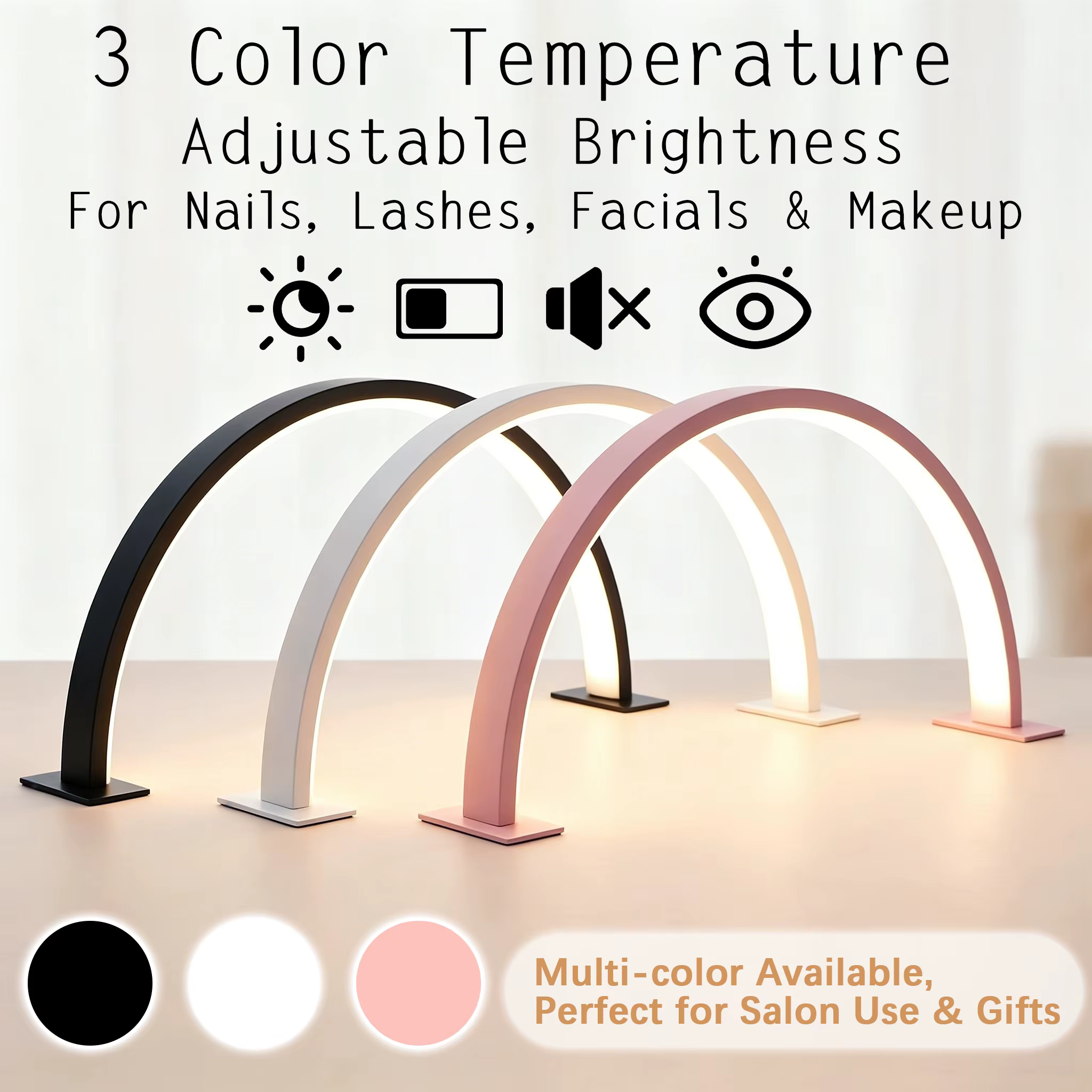 Lampe à ongles demi-lune à 3 températures de couleur, LED dimmable, lumière de bureau en arc, sans é