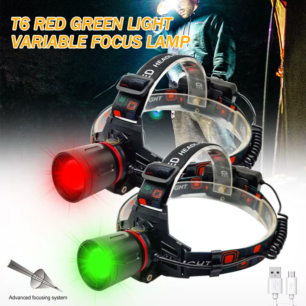 E2 vert/rouge/UV Led lampe frontale Zoomable lampe frontale torche 4 Modes phare USB charge pêche ch