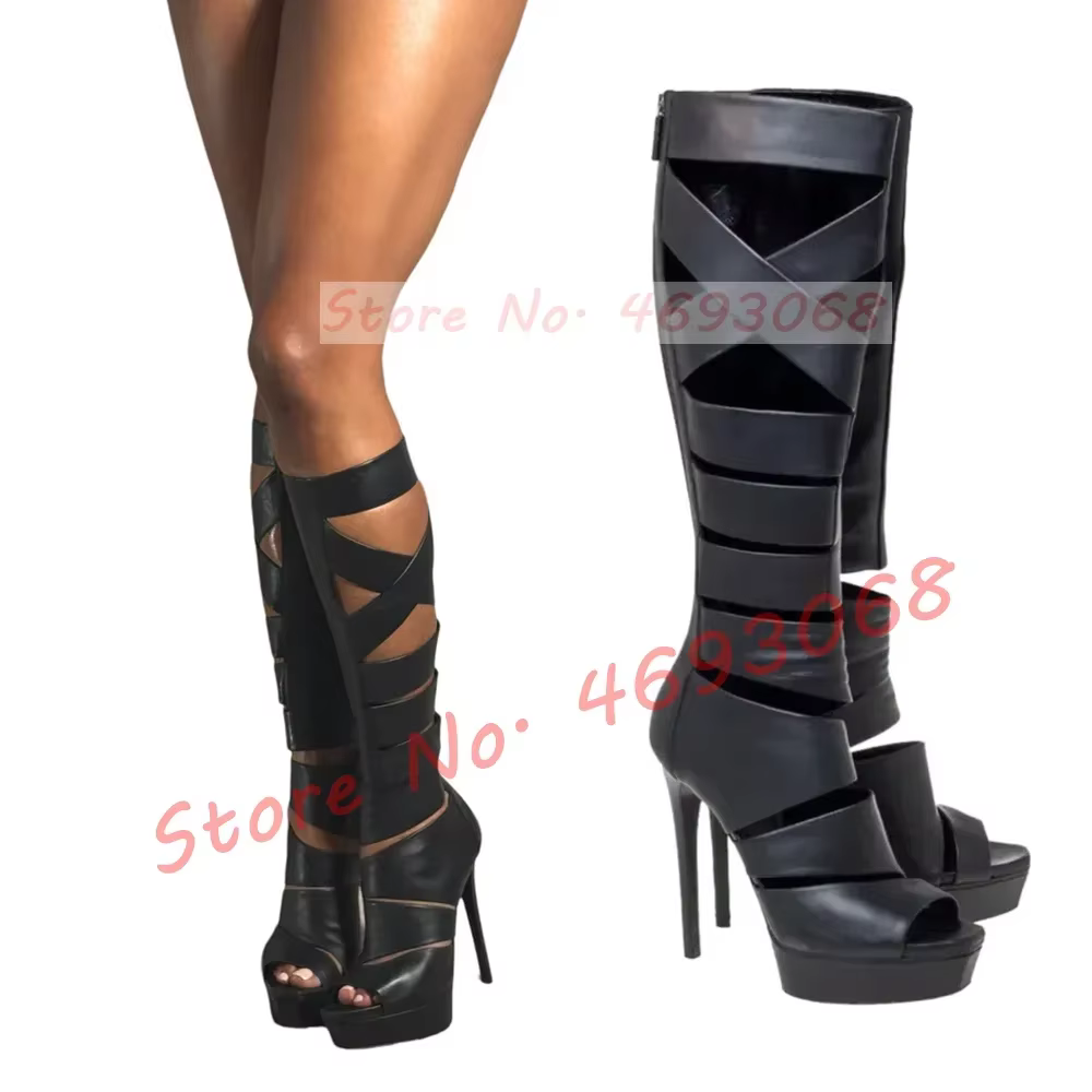 Sandales de gladiateur à plateforme grise pour femmes, bottes avec ceintures croisées, talons hauts,