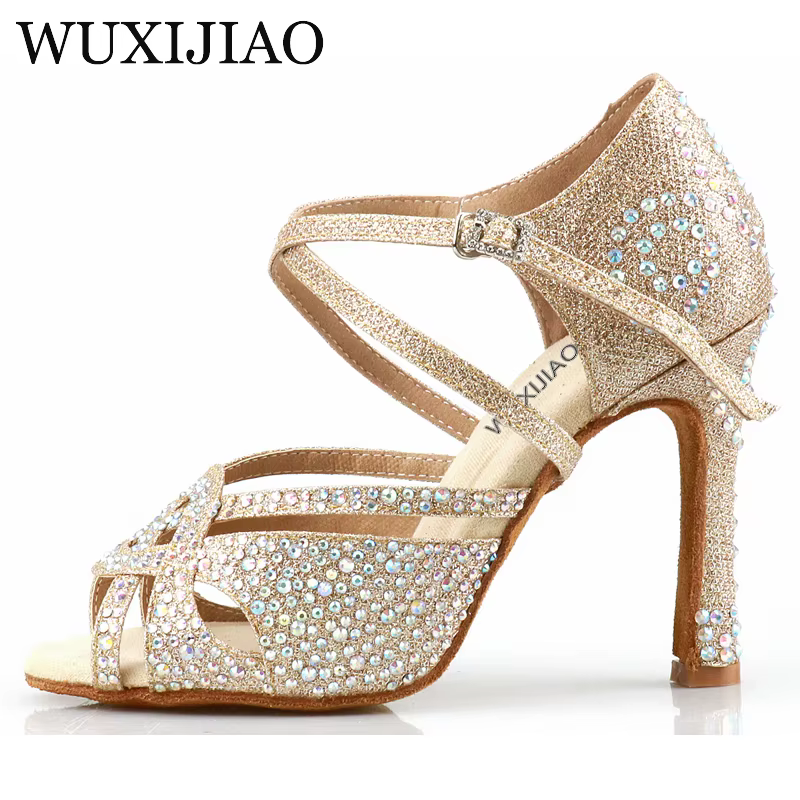 WUXIJIAO-Chaussures de danse latine dorées pour femmes, sandales en diamant, sandales de salsa, design unique, nouveau style