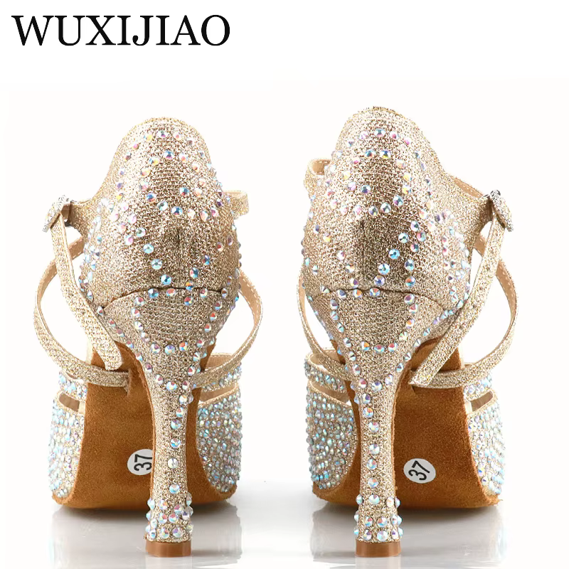 WUXIJIAO-Chaussures de danse latine dorées pour femmes, sandales en diamant, sandales de salsa, design unique, nouveau style