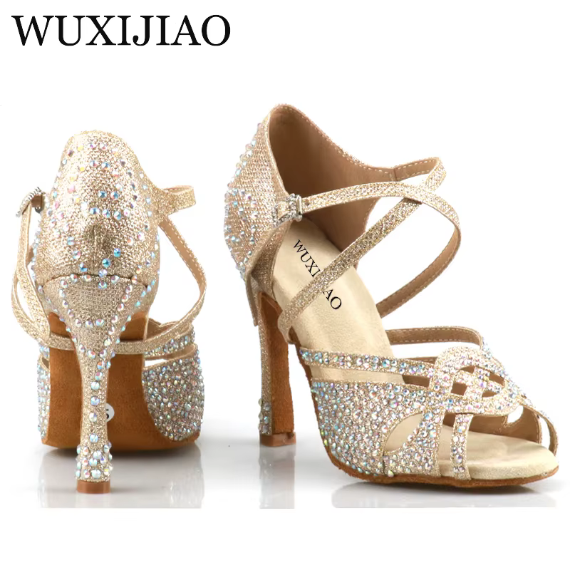 WUXIJIAO-Chaussures de danse latine dorées pour femmes, sandales en diamant, sandales de salsa, design unique, nouveau style
