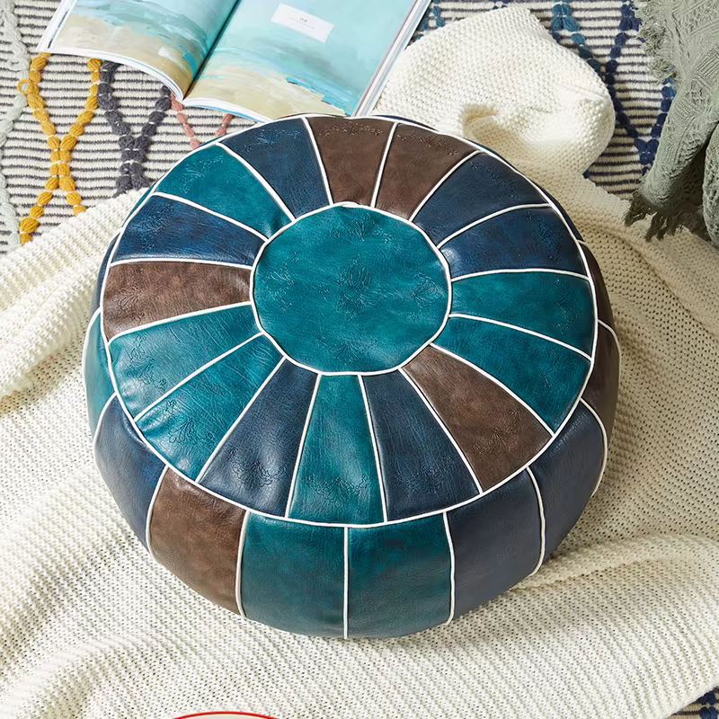 Pouf marocain en cuir PU, pouf artisanal Hassock bitions oman, repose-pieds rond, grand coussin en cuir Él, 50x50x30cm, Un197
