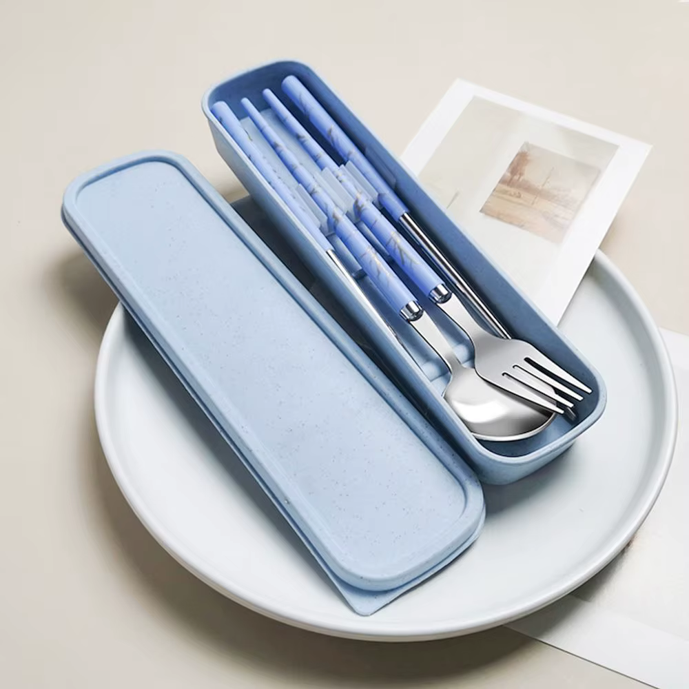 Couverts réutilisables en acier inoxydable, accessoires de cuisine avec boîte, service de table, cuillère, fourchette, baguettes