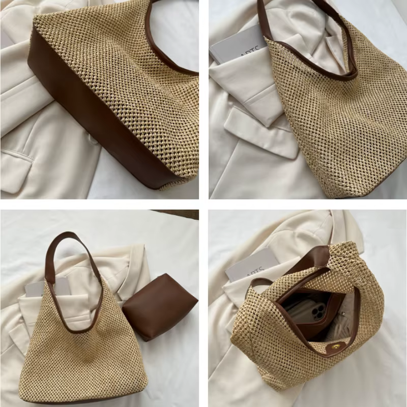 Sac de plage en paille tissé, décontracté, populaire, à la mode, asymétrique, épaule dénudée, bord de mer, voyage, livraison directe, été, 2024