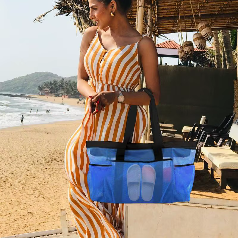 Respzed-Fourre-tout de plage avec poches en maille, grand sac fourre-tout de plage, sac de serviette de plage en nylon, fermeture éclair externe, 8 poches