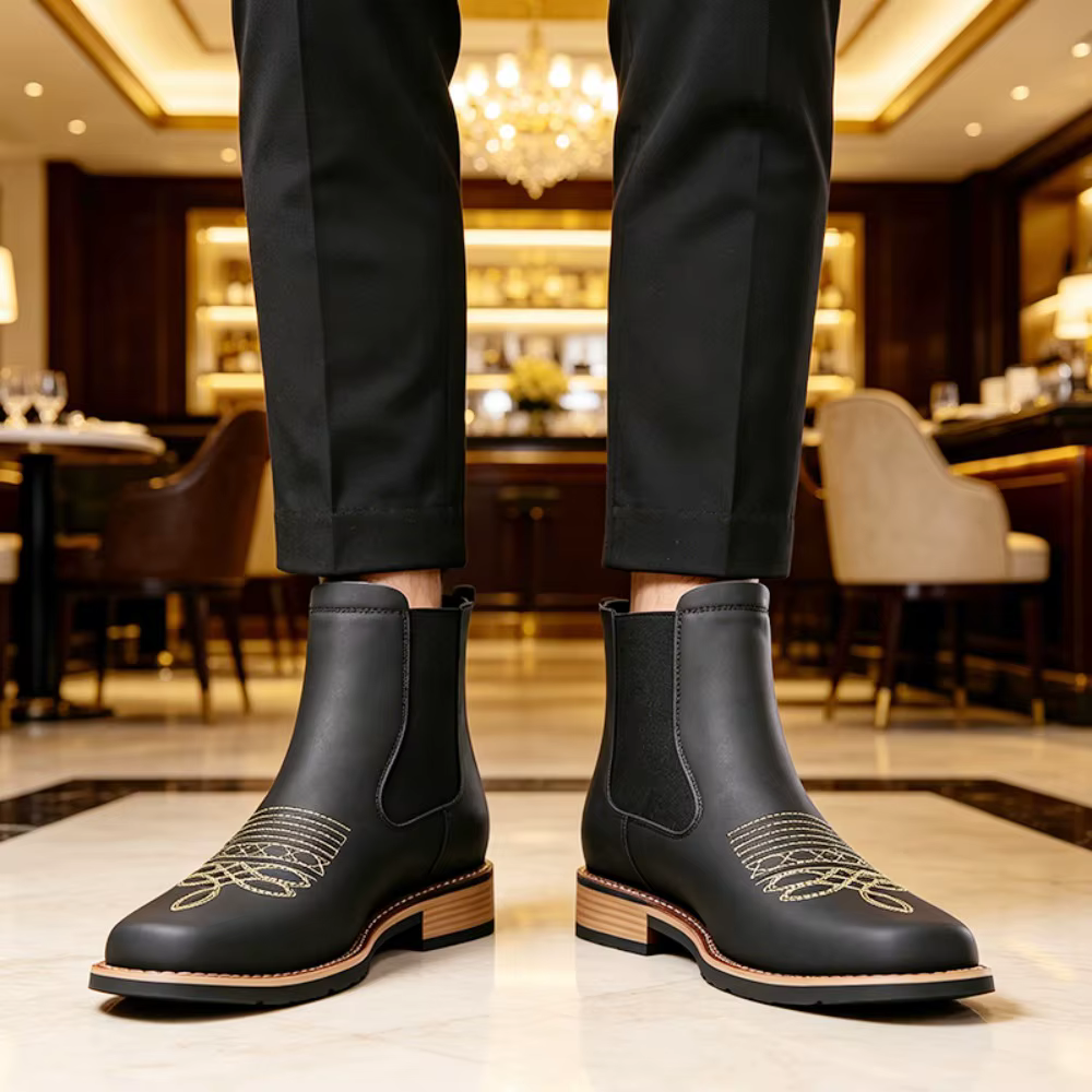Bottes Chelsea pour hommes, bottes en cuir décontractées de haute qualité, bottes rétro à la cheville pour hommes, bottes de cowboy brodées, Botas Masculinas