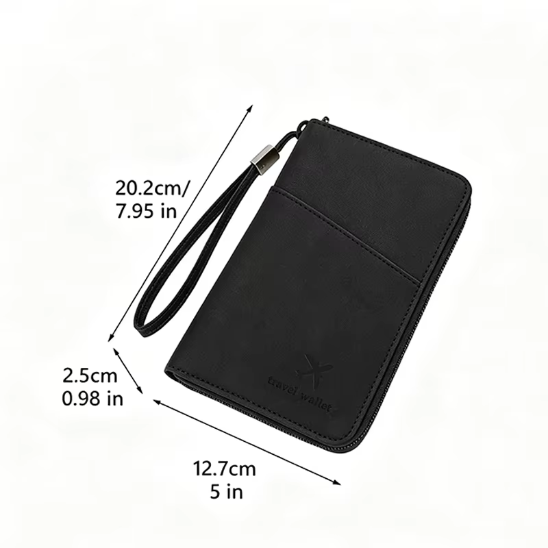 Porte-documents de voyage noir avec fermeture éclair longue, portefeuille de rangement pour billets, sac de rangement pour plusieurs passeports avec sangle de poignet TMZ, 1 pièce