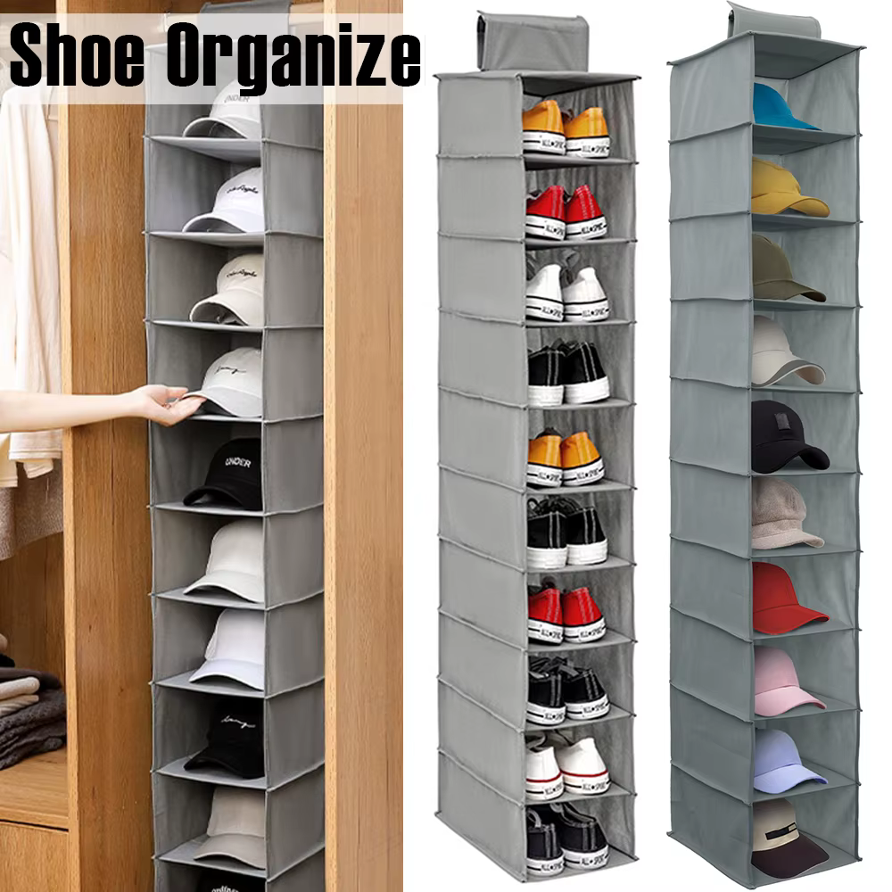Organisateur de chaussures suspendu, étagère de rangement de chaussures Non tissée, étagère à chaussures suspendue pliable à 10 couches, gain de place pour placard de chambre à coucher à domicile