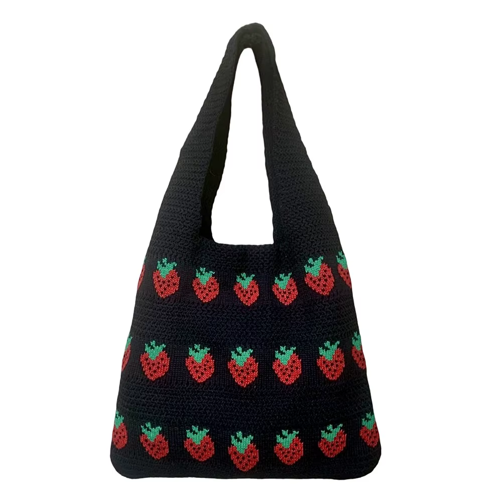 Sac à main tricoté pour femme, motif fraise, grande capacité, sac en crochet léger et durable, sac fourre-tout pour voyage